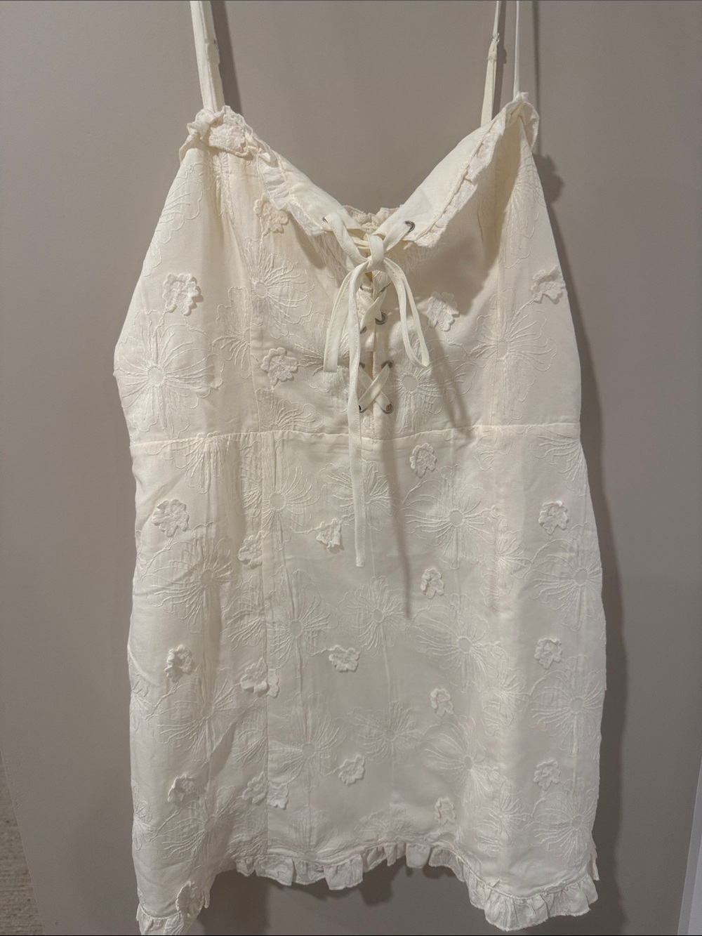 Le Lis Cream Lace-Up Embroidered Mini Dress